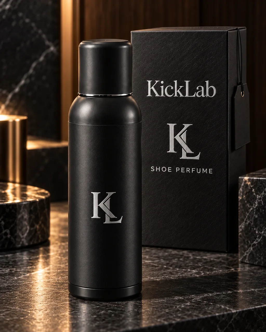 בקבוק KICKLAB Mint שחור־מט לצד אריזת KL השחורה על שיש כהה